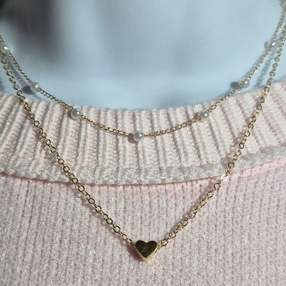 2 Piece Pearl and Heart Necklace Gold Plated NWOT